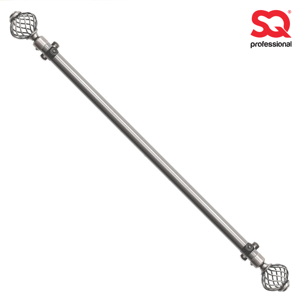 SQ Professional - Extendable Curtain Pole w Round Cage Finials Silver 16 Rings 1-2m