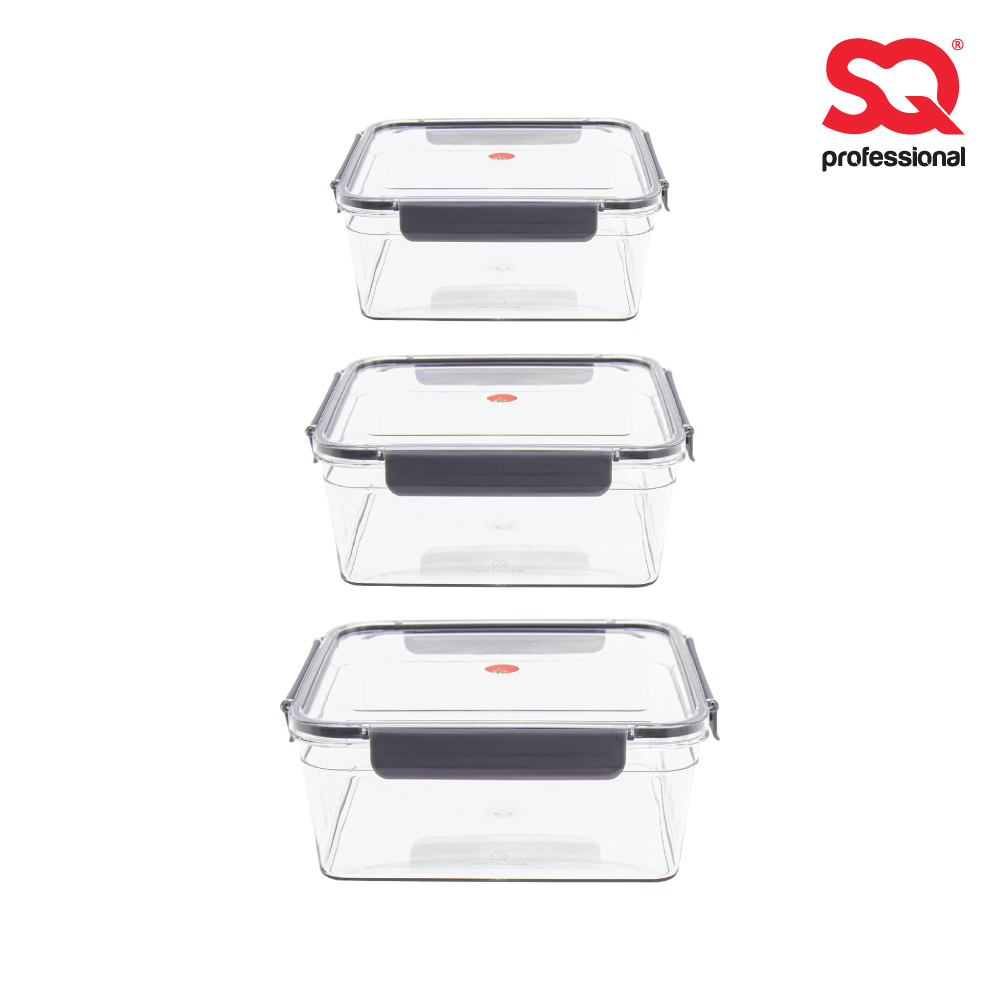 SQ Professional - Plastic Sealed Food Storage Container Set 3pc Square Grey 1-2-3L