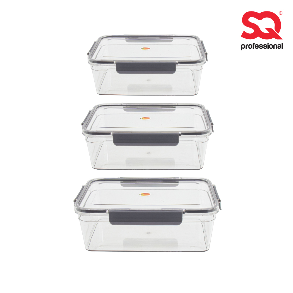 SQ Professional - Plastic Sealed Food Storage Container Set 3pc Oblong Grey 1-2-3L