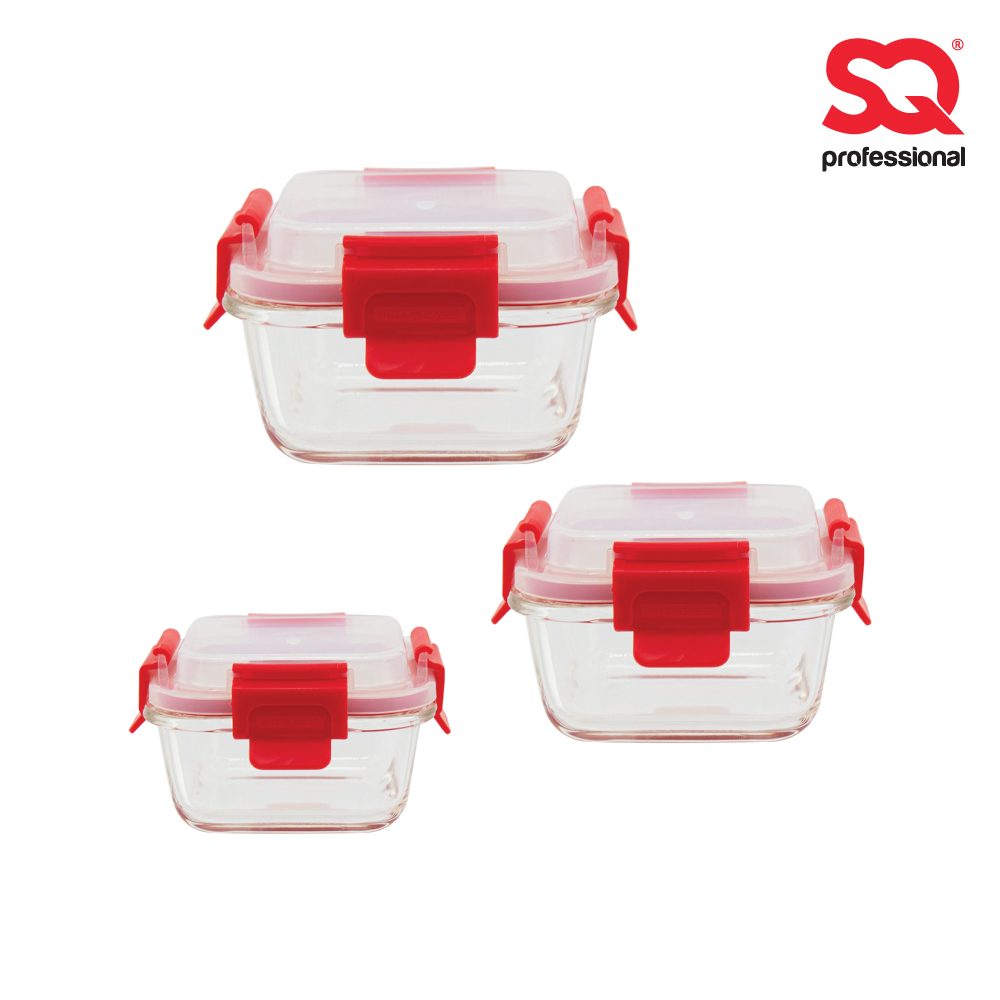 SQ Professional - Glass Food Storage Container Set 3pc Square Red SL610101A 300-520-800ml