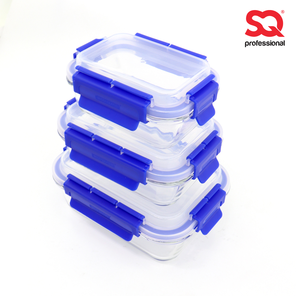 SQ Professional - Glass Food Storage Container Set 3pc Oblong Blue SL610102A 370-640-1050ml