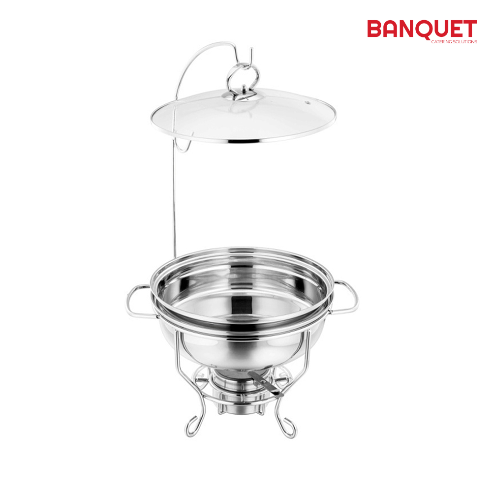 SQ Professional - Banquet Chafing Dish w Glass Lid and Holder Round Silver 4L