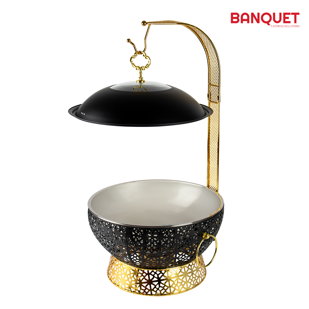 SQ Professional - Banquet Ornate Chafing Dish w Lid Holder Round Black-Gold 8L