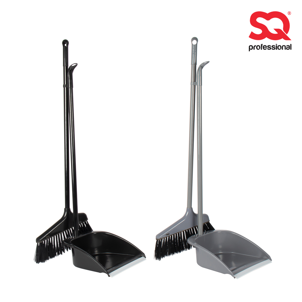 SQ Professional - Dustpan & Brush Set 2pc Long Handle Black, Gray