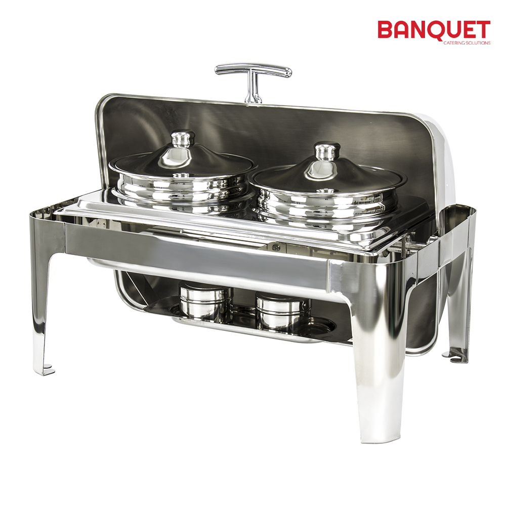 SQ Professional - Banquet Chafing Dish w Roll Top Oblong Silver 2 Soup Pots 2x4.5L