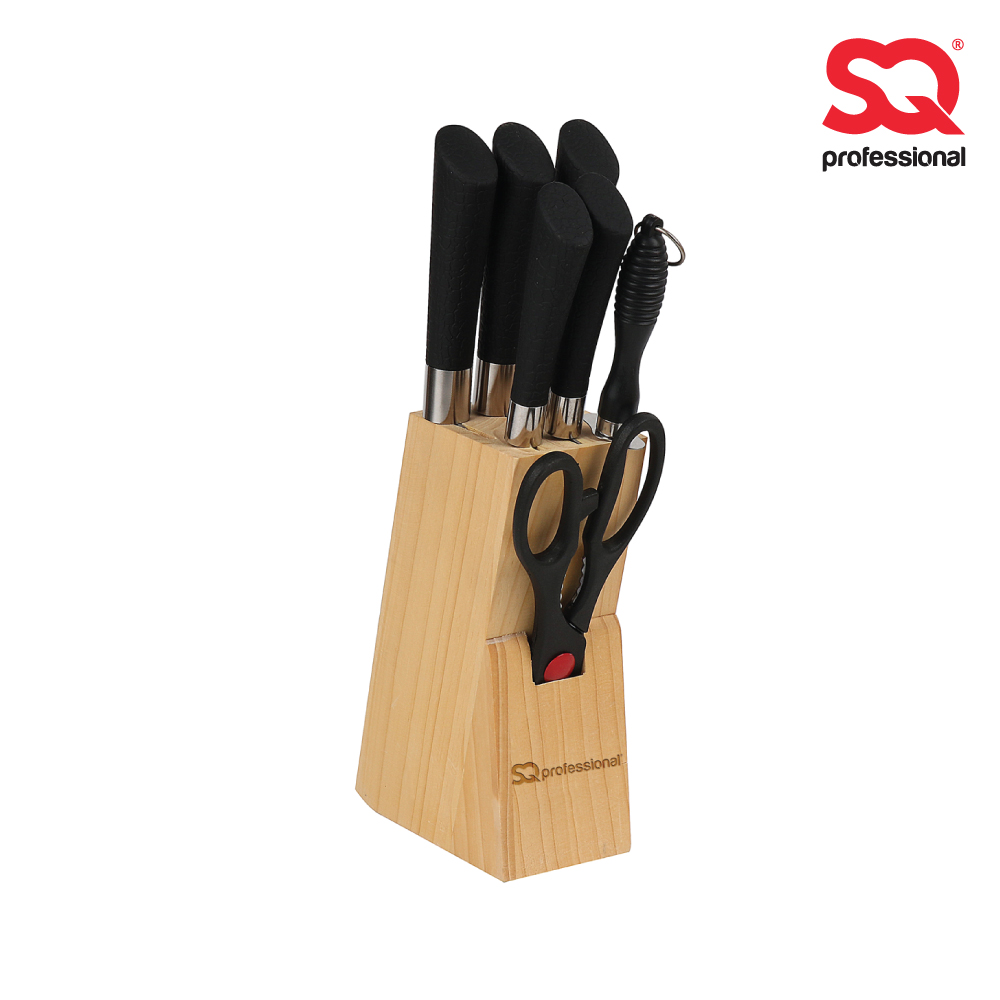 SQ Professional - Stainless Steel Kitchen Knife Set 8pc Black Wooden Block